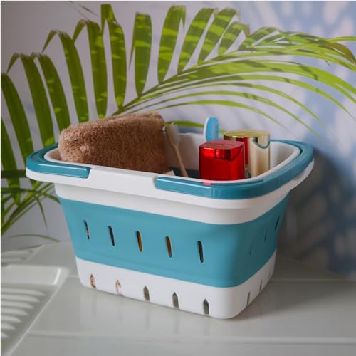 MINDFARGE Portable Folding Plastic Bath Caddy with Handle Blue