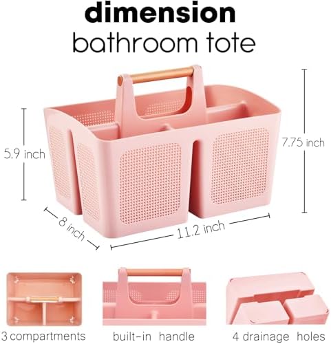ALINK Portable Shower Caddy Basket with 3 Compartments and Handle Pink