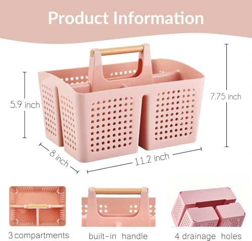 PAKCHOICE Portable Shower Caddy with 3 Compartments Pink