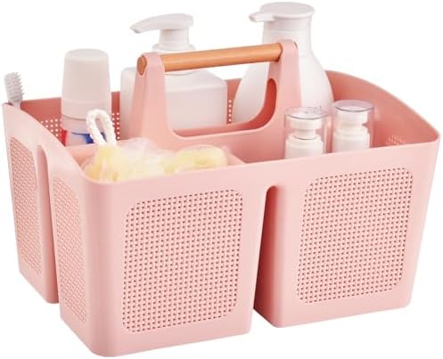 ALINK Portable Shower Caddy Basket with 3 Compartments and Handle Pink
