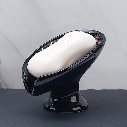 CERITA - Leaf-Shape Ceramic Soap Dish Self-Draining Modern Design Black