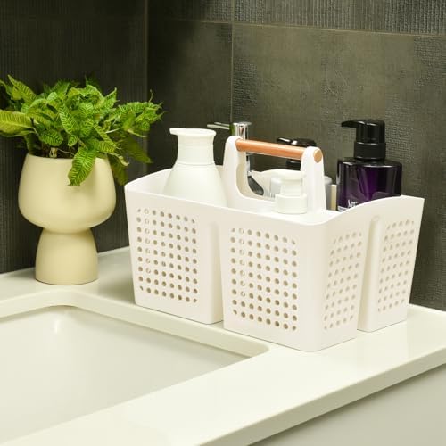 Portable shower caddy with 3 compartments and handle
