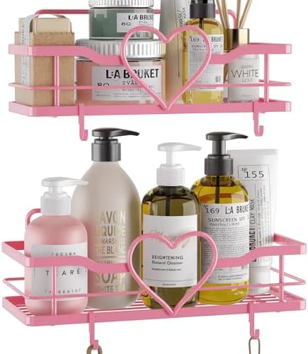 Pink Shower Caddy with 4 Removable Hooks 2 Pack
