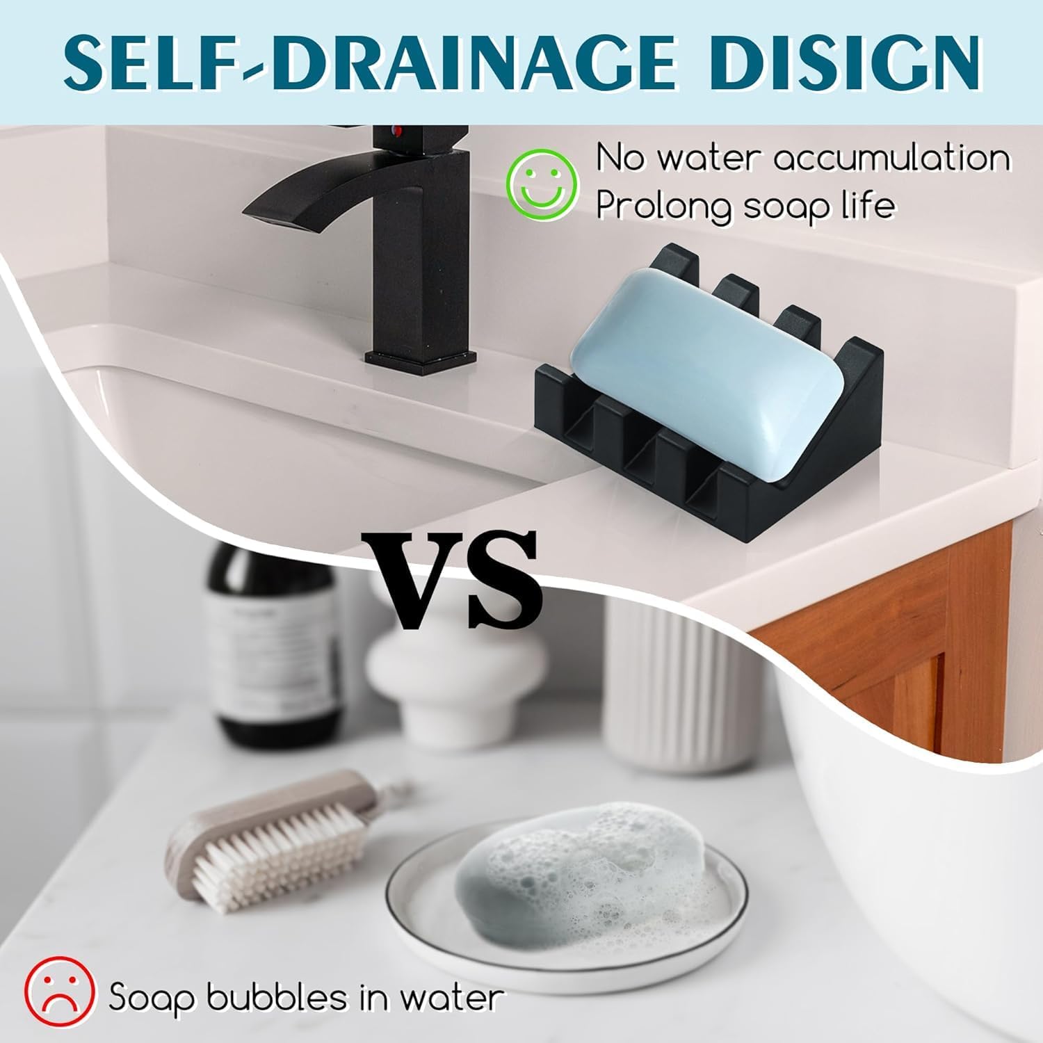 MRBULLOCK Amaza Silicone Soap Dish for Bar Soaps Self Draining Durable Black