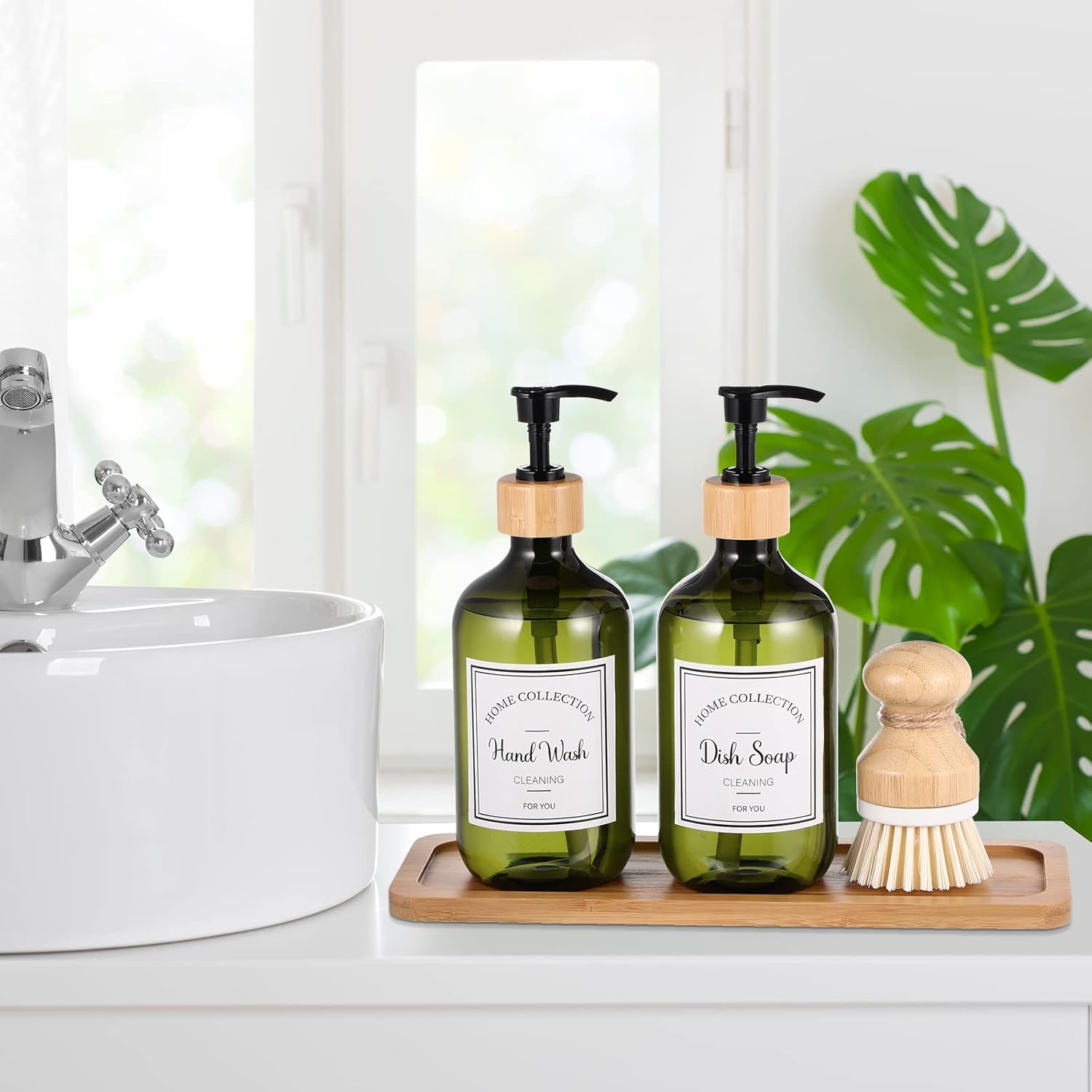 Zopeal 4-Piece Kitchen SoapDispenser Set with Bamboo Tray and Dish Brush