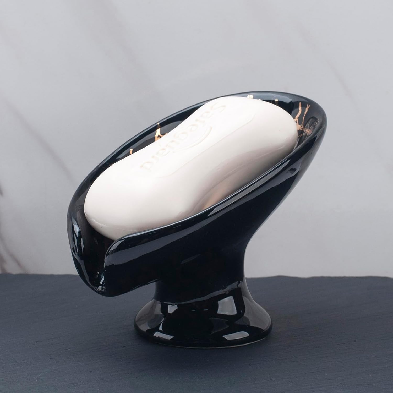 CERITA - Leaf-Shape Ceramic Soap Dish Self-Draining Modern Design Black
