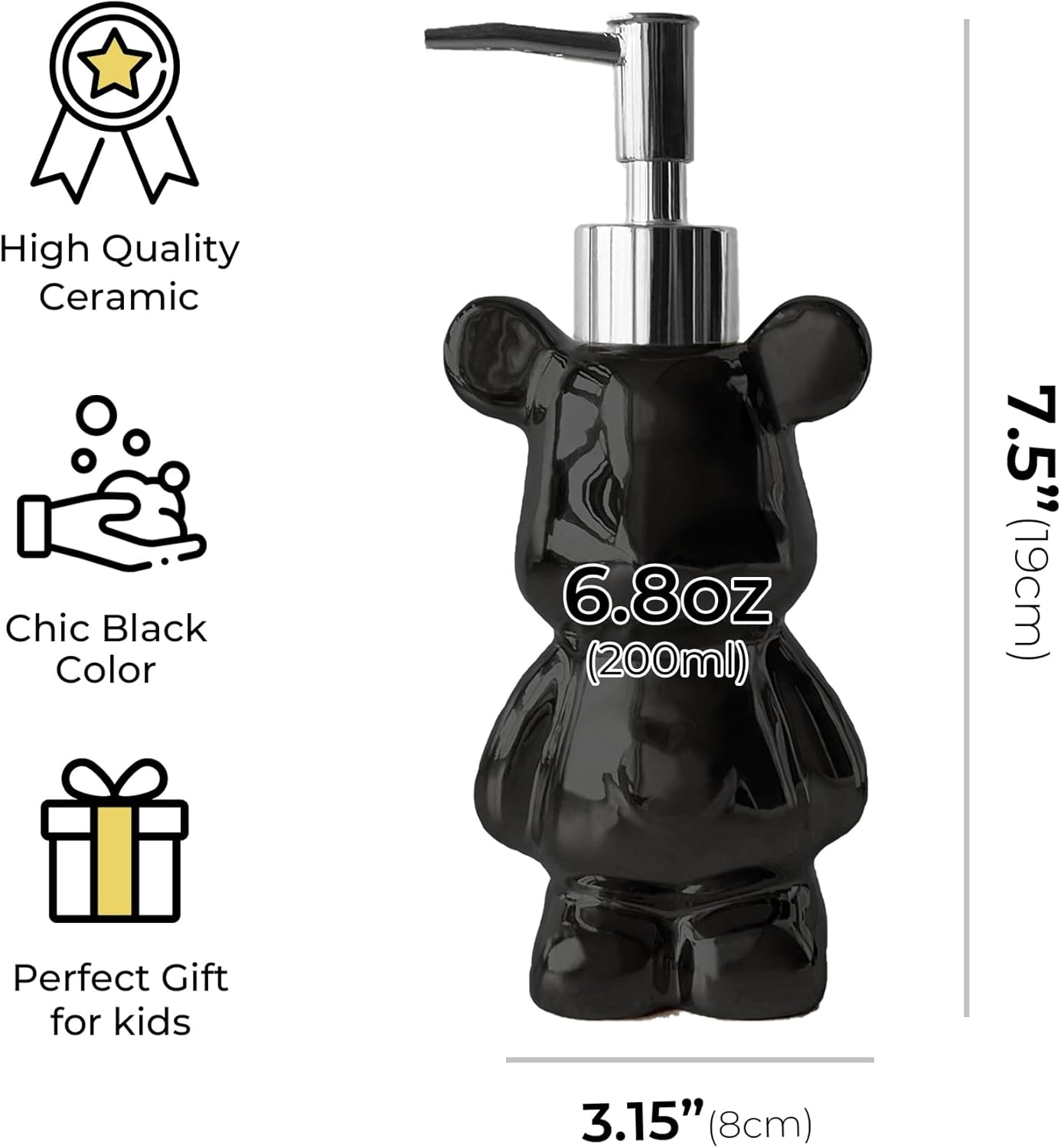 LUNESTELLA Bear Compact Dispenser Black Silver Pump Cute for Hygiene