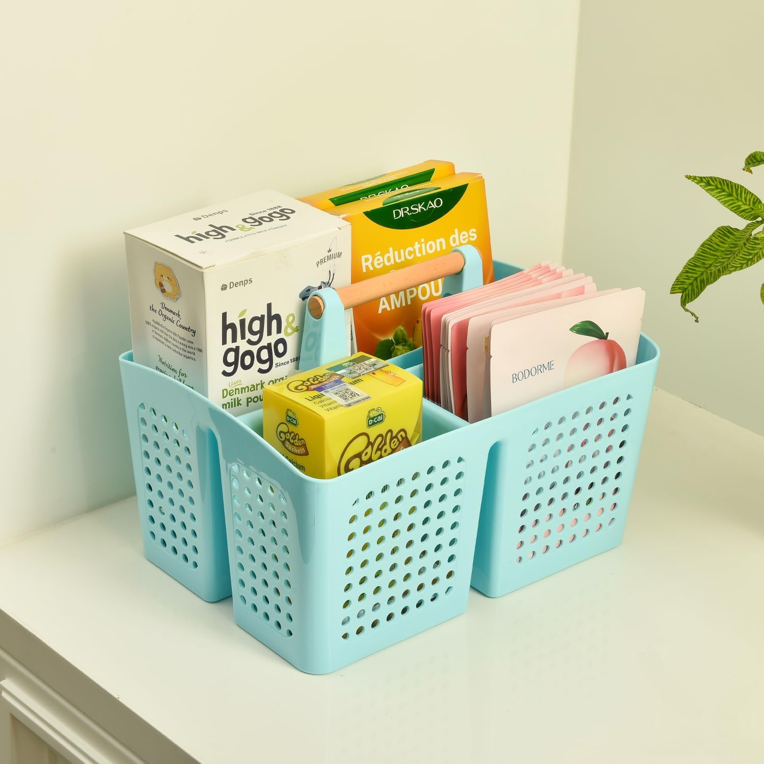 Portable shower caddy with 3 compartments and handle