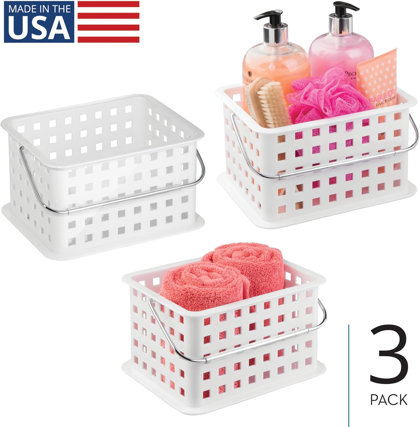 iDesign Shower Caddy Basket with Handle Set of 3 White