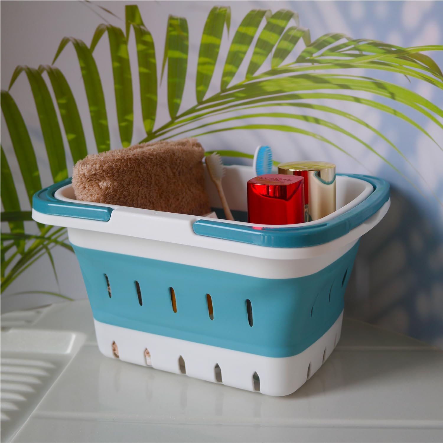 MINDFARGE Portable Folding Plastic Bath Caddy with Handle Blue