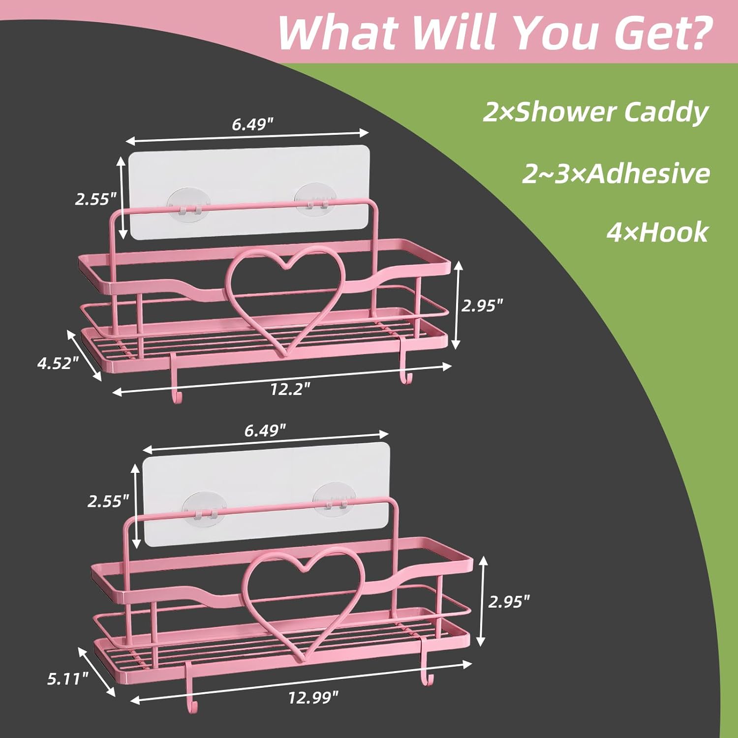 Pink Shower Caddy with 4 Removable Hooks 2 Pack