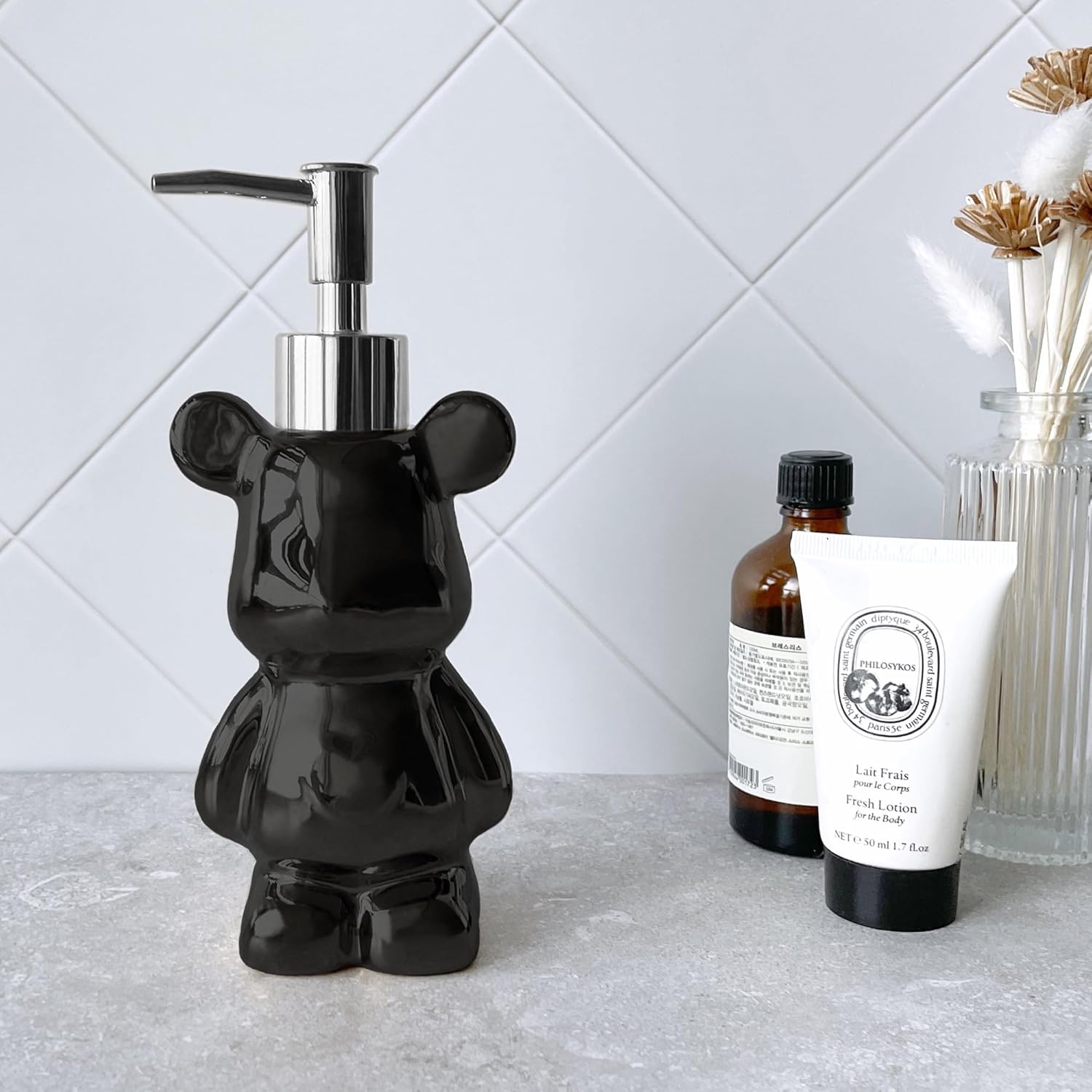 LUNESTELLA Bear Compact Dispenser Black Silver Pump Cute for Hygiene