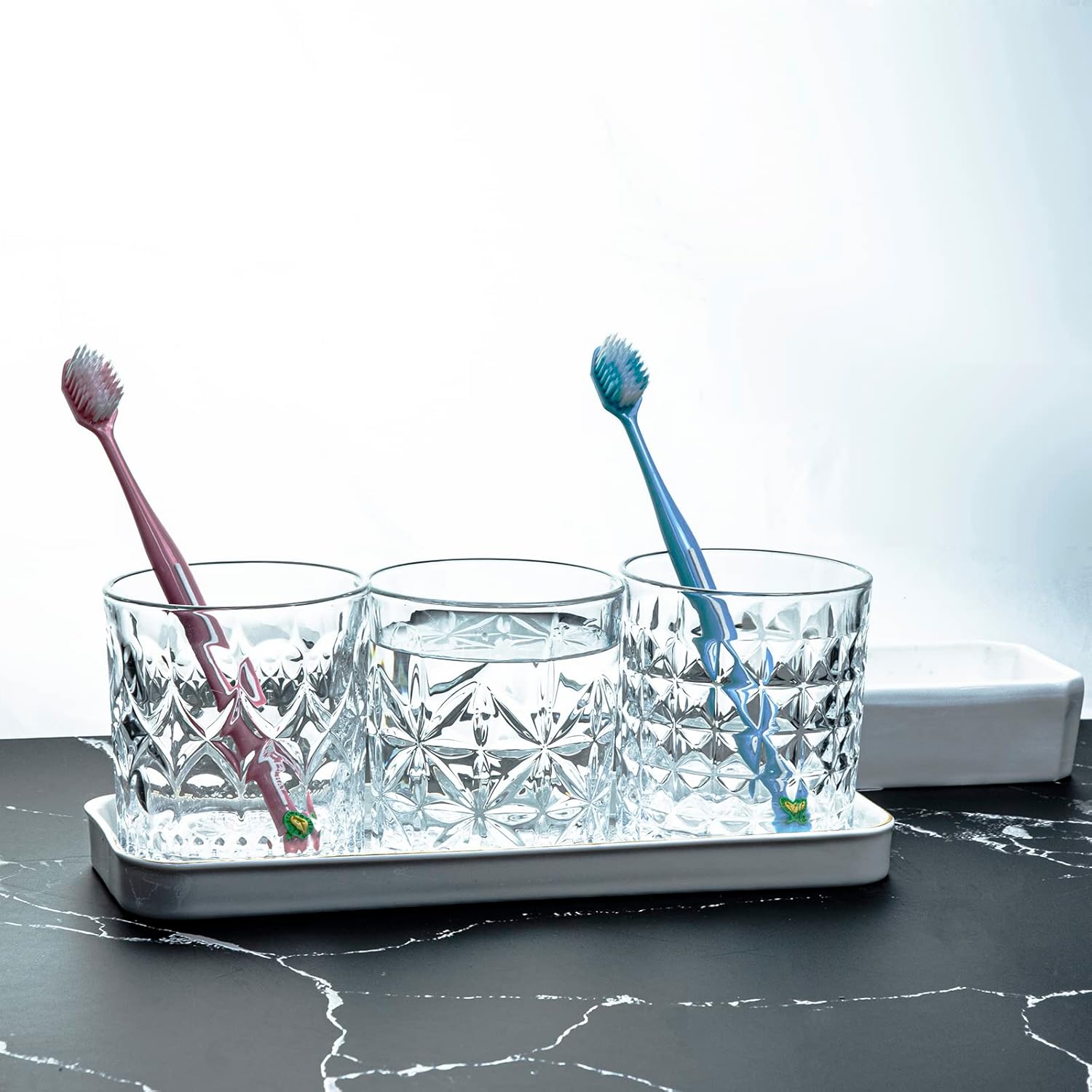 Gaolinci 2-Piece Glass Mouthwash Cup Set Diamond Embossed 8 Oz