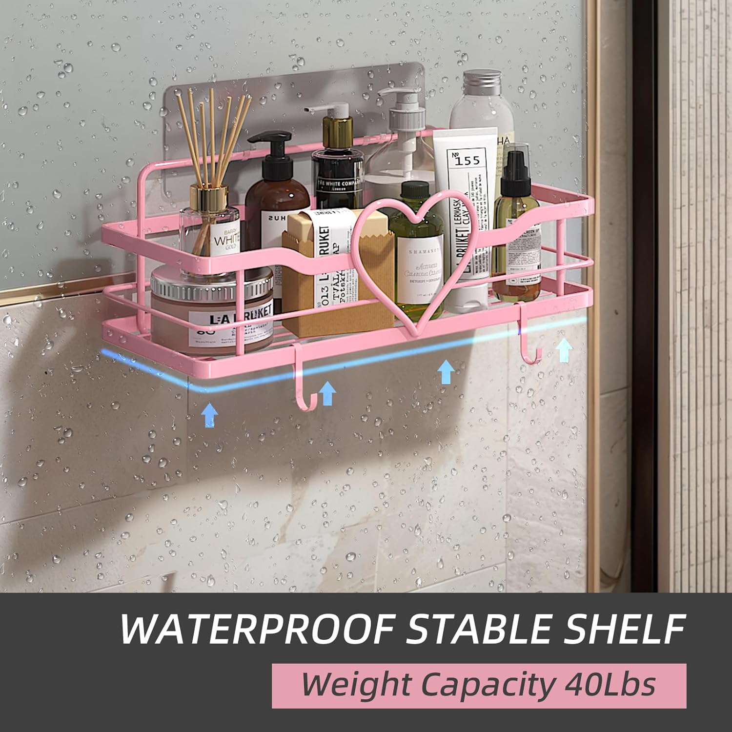 Pink Shower Caddy with 4 Removable Hooks 2 Pack