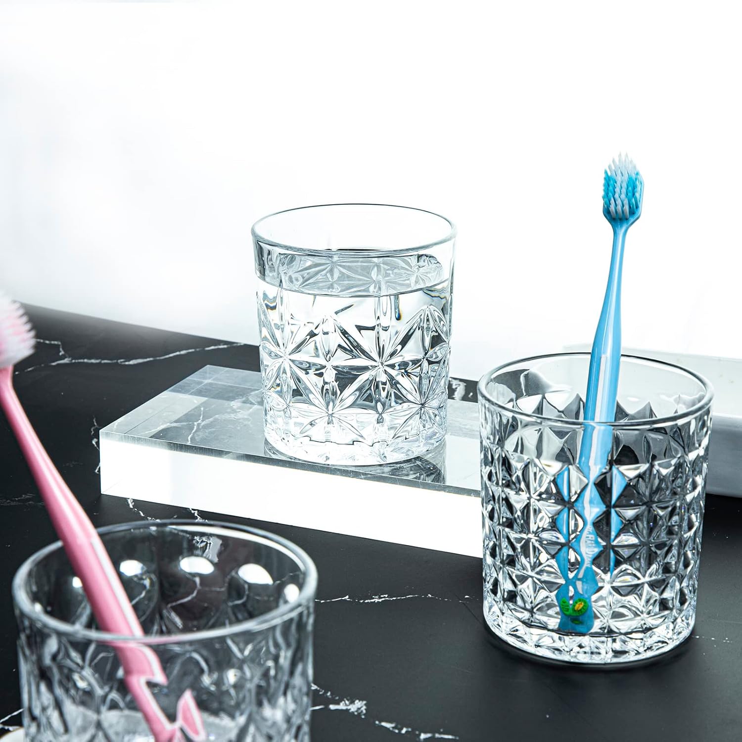Gaolinci 2-Piece Glass Mouthwash Cup Set Diamond Embossed 8 Oz