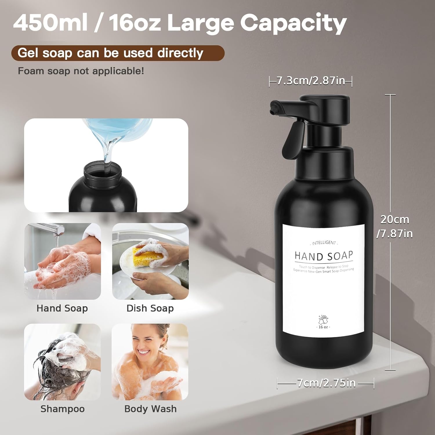 Automatic Soap Dispenser Touch Operated 16 Oz Black