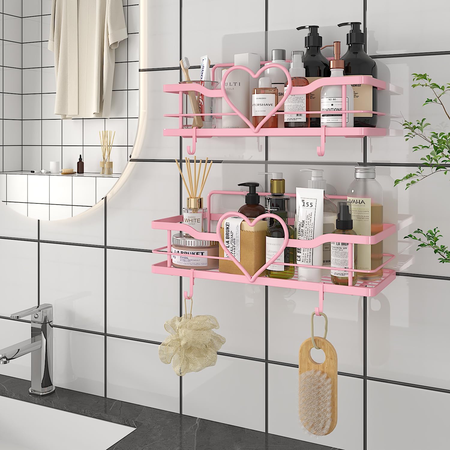 Pink Shower Caddy with 4 Removable Hooks 2 Pack