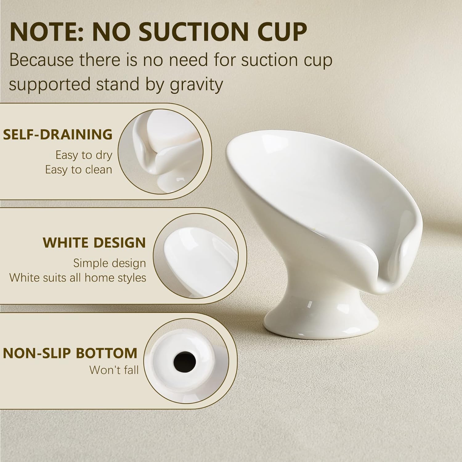 Self-Draining Ceramic Soap Dish Cream White by Antiss Home