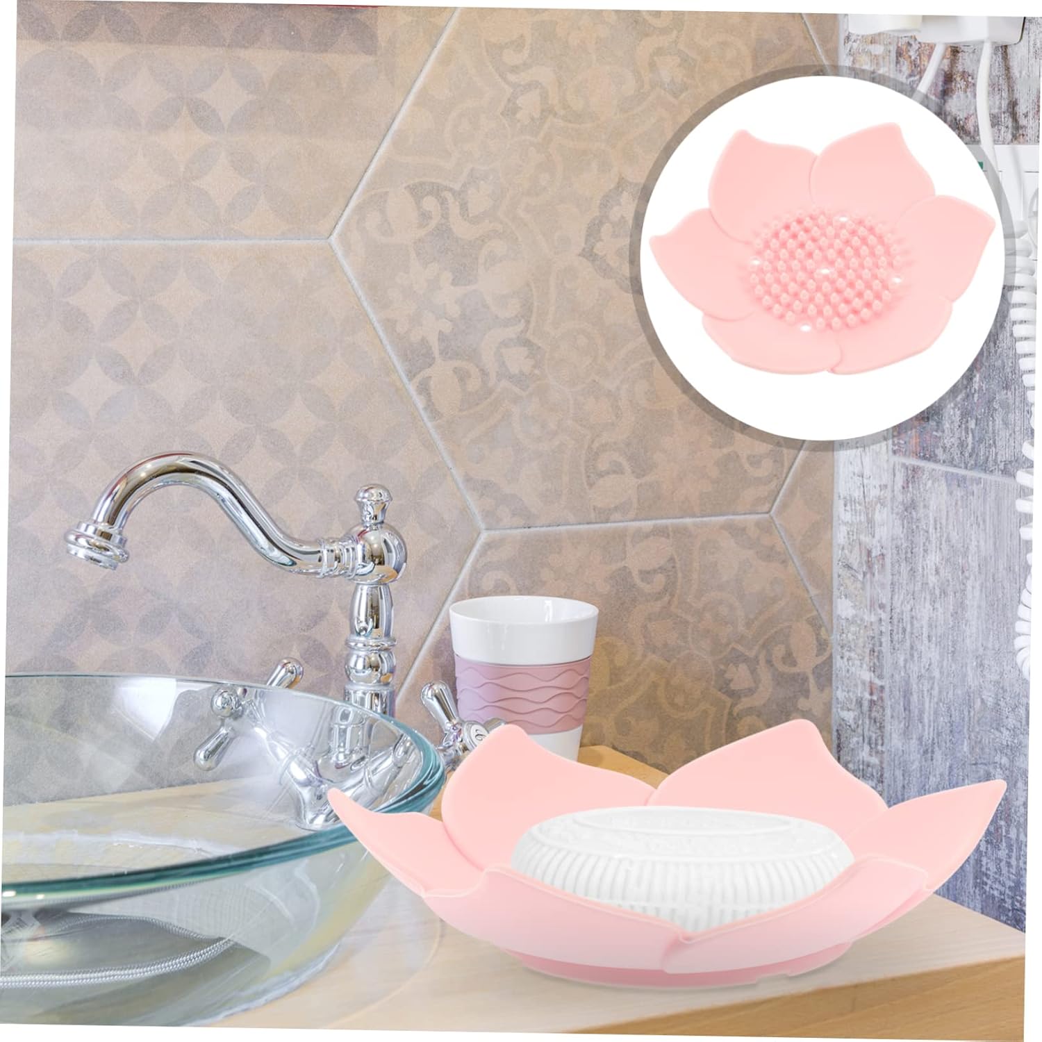 Cabilock 2pc Silicone Soap Dish Holder Pink Floral Bathroom Tray