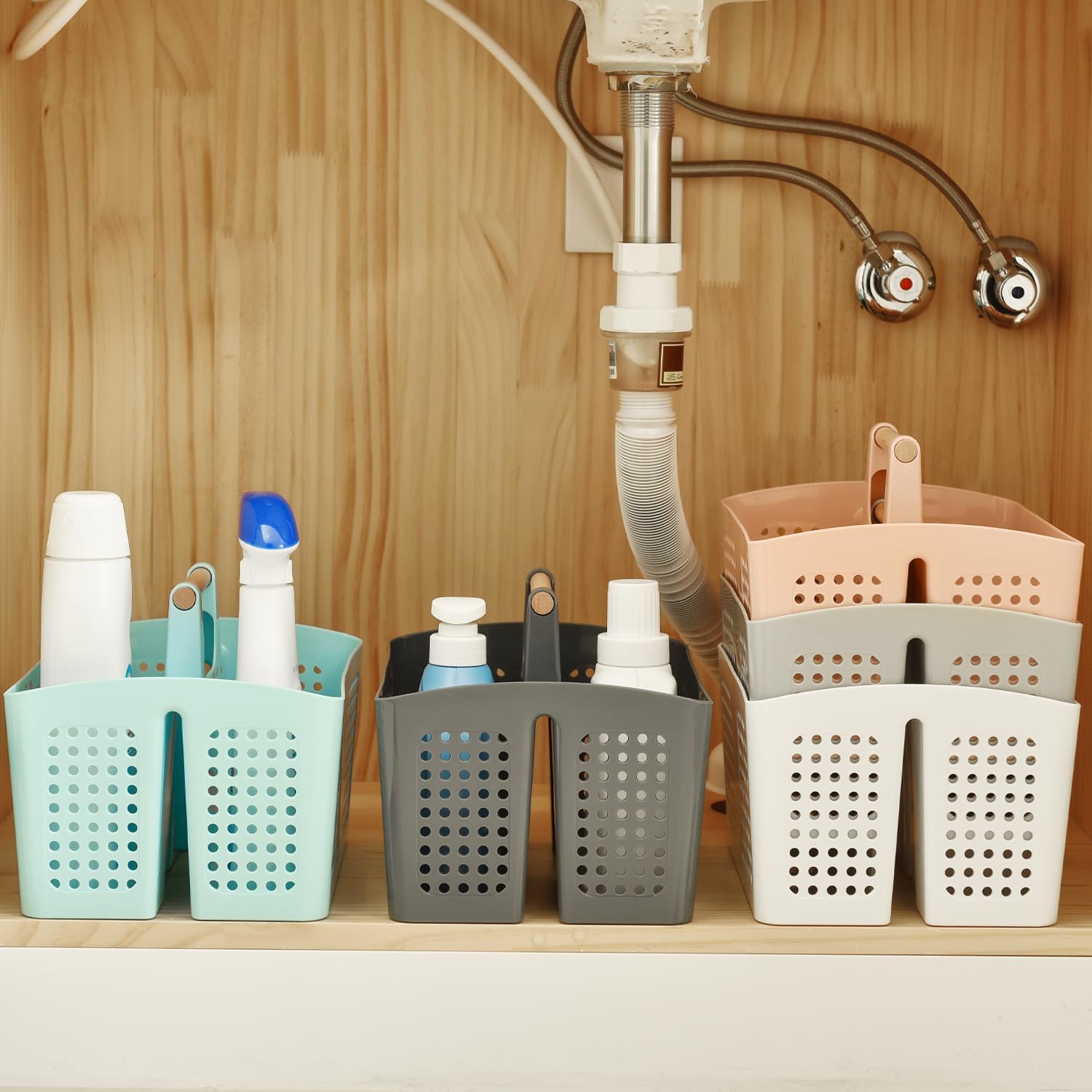 Portable shower caddy with 3 compartments and handle