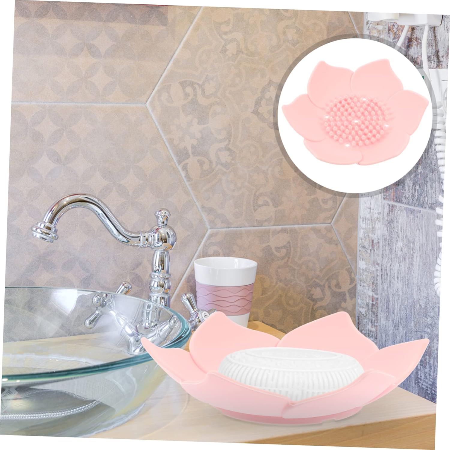 Ciieeo 2pcs Pink Flower Soap Dish with Non-Slip Base
