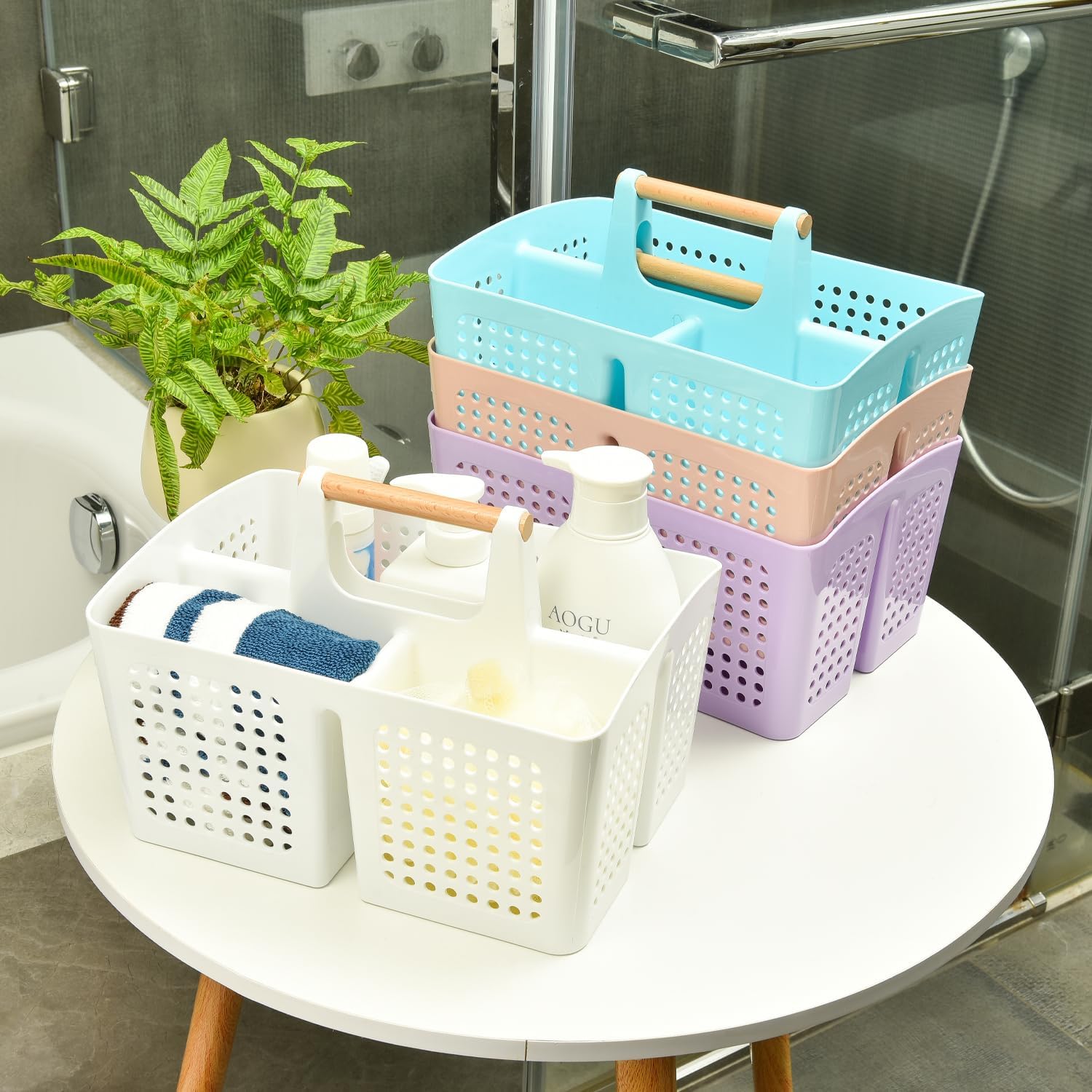 Portable shower caddy with 3 compartments and handle