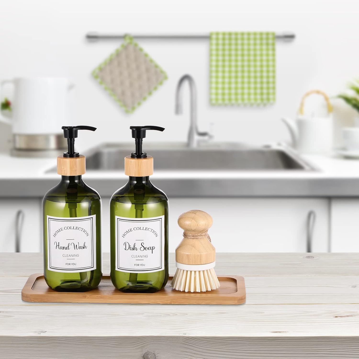 Zopeal 4-Piece Kitchen SoapDispenser Set with Bamboo Tray and Dish Brush