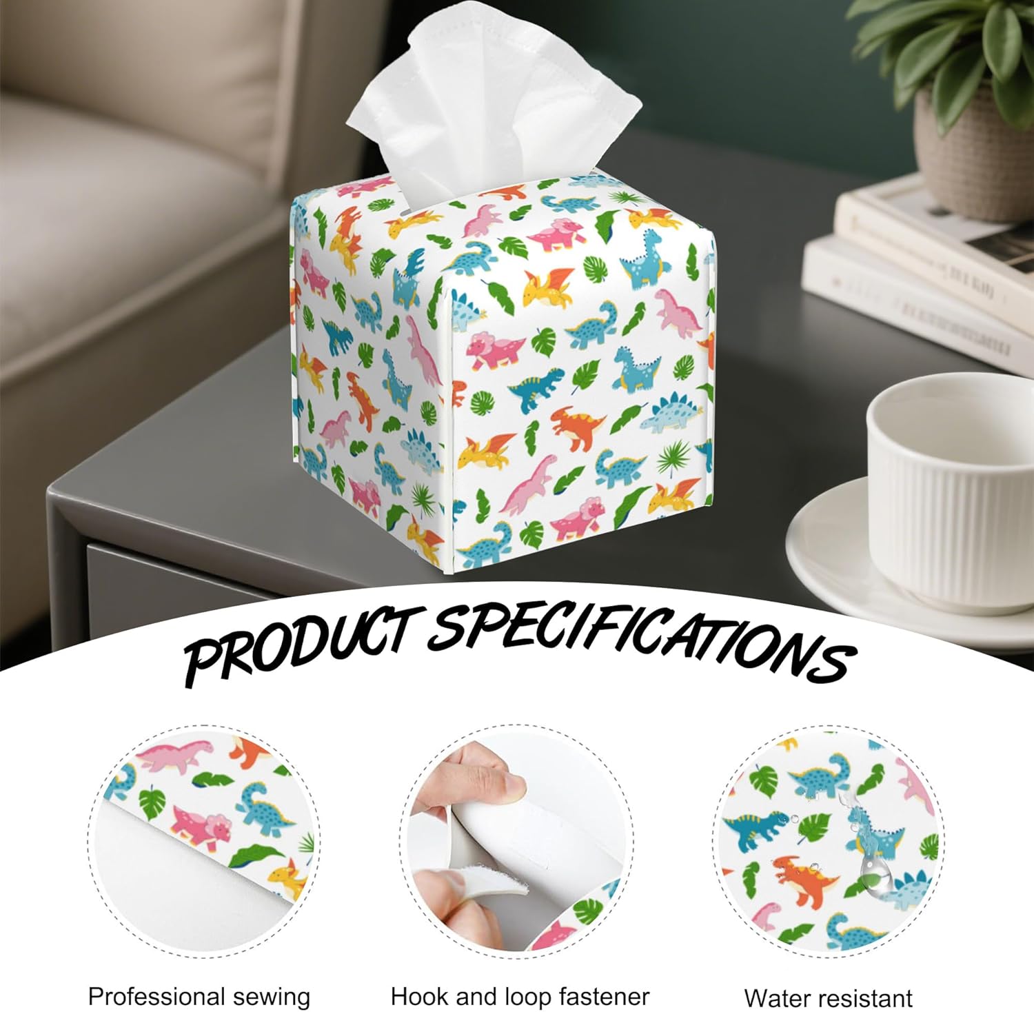 Cute Dino Tissue Box Holder compact waterproof premium PU leather