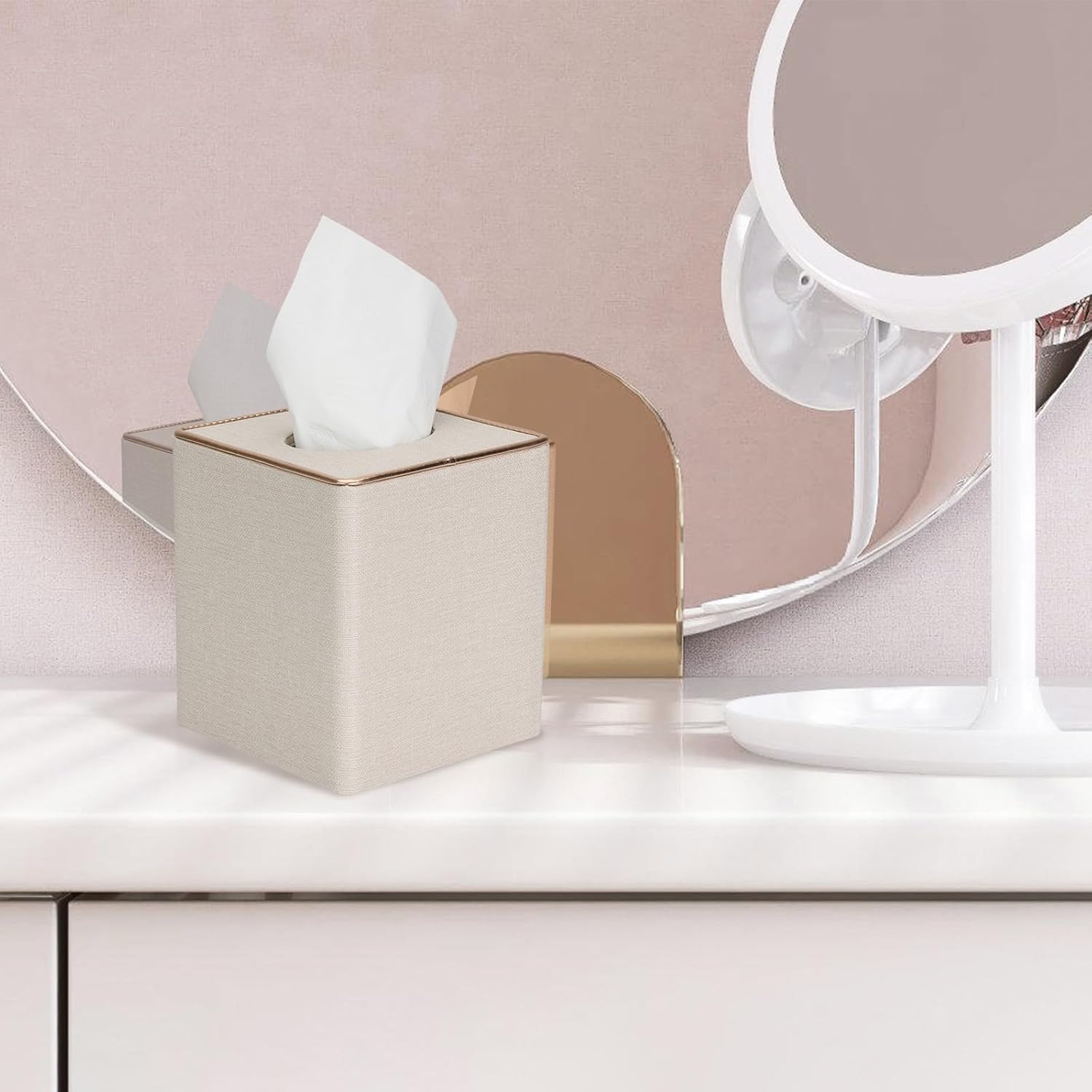 MOCHTERO Decorative Linen Tissue Box Cover Rose Gold Trim