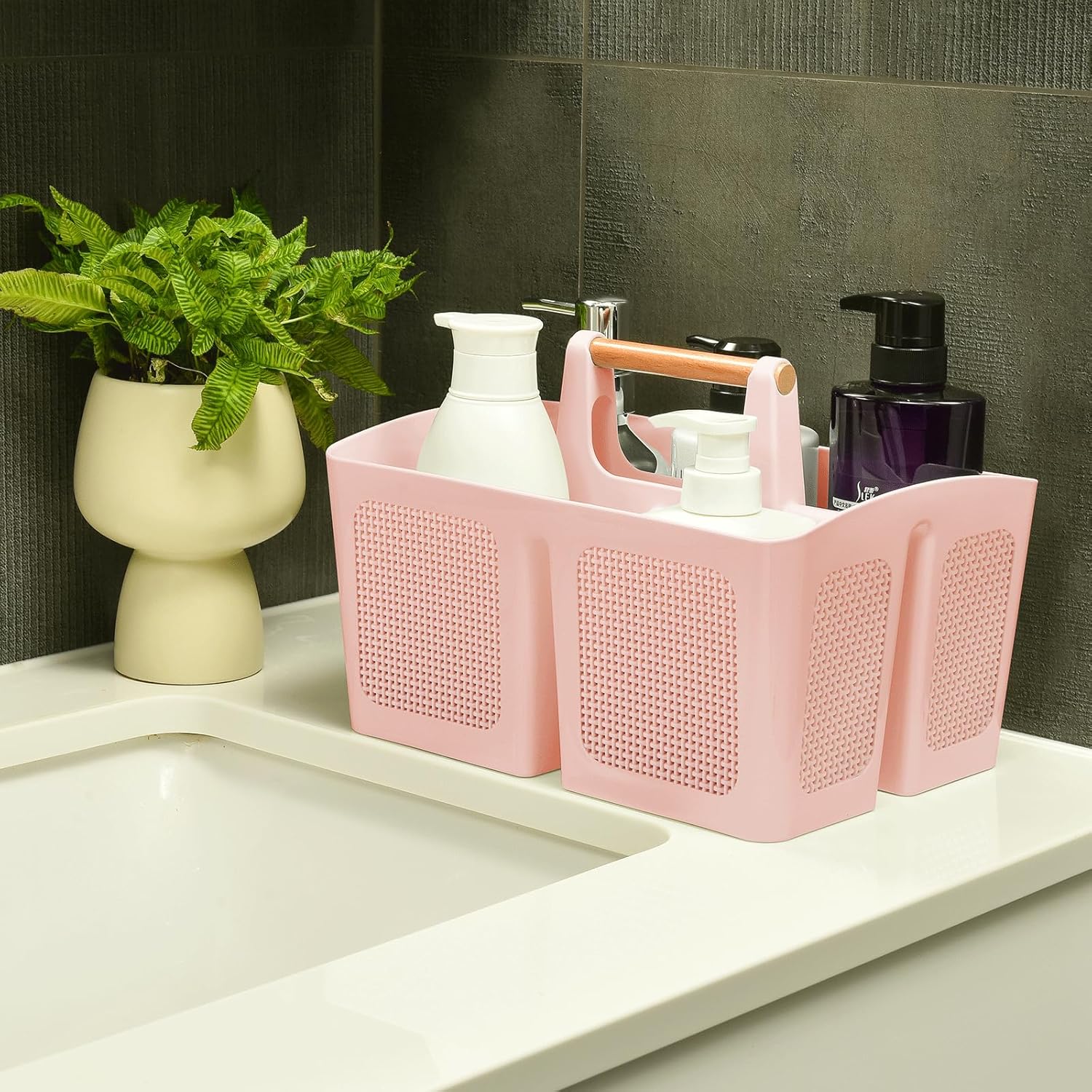 ALINK Portable Shower Caddy Basket with 3 Compartments and Handle Pink