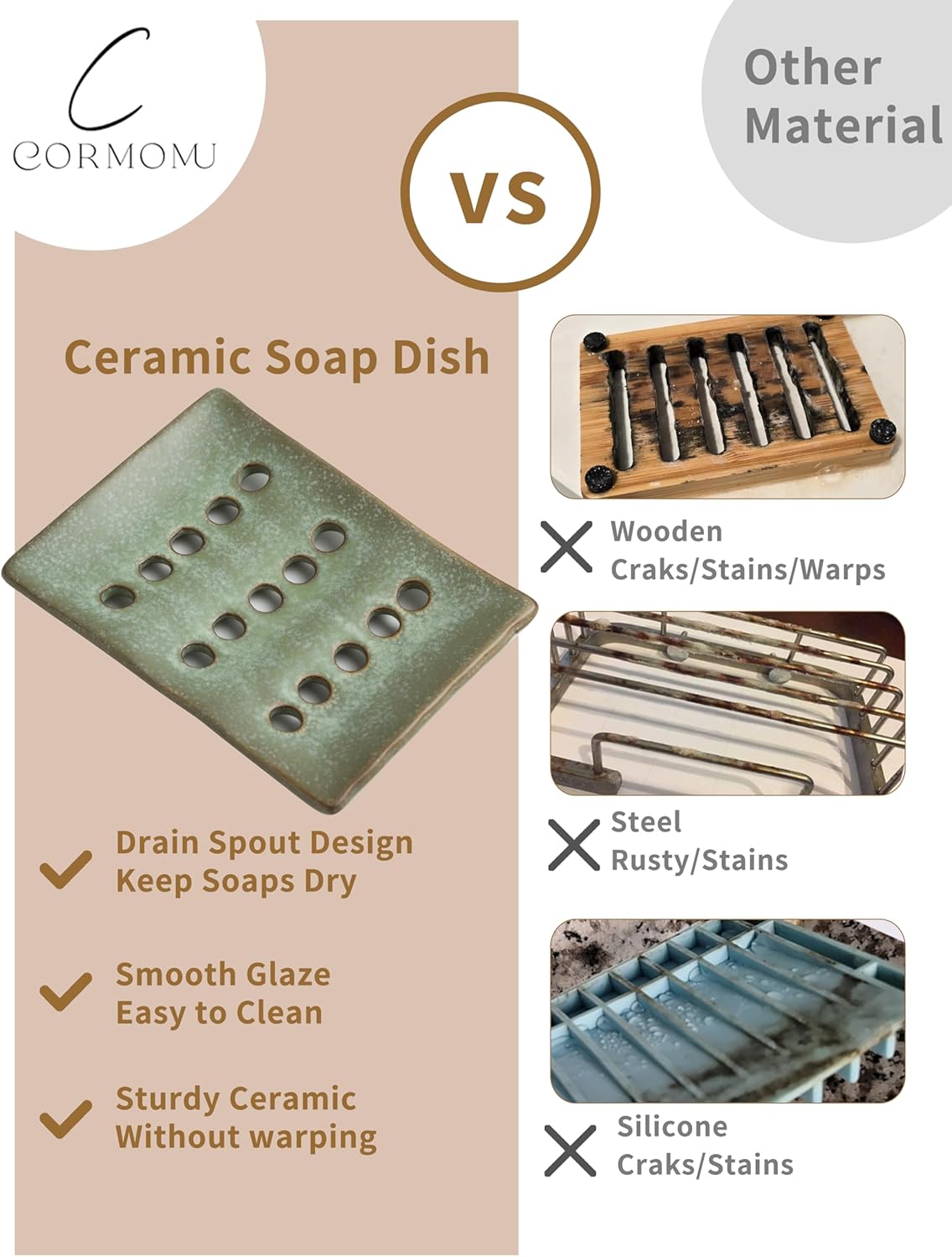 Ceramic Soap Dish with Self Drain for Shower