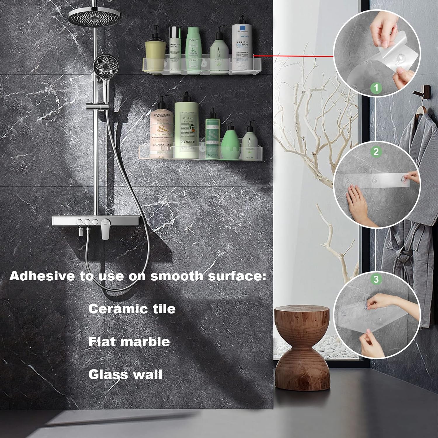Perfect Organizer Adhesive Acrylic Shower Shelves for Bathroom Storage