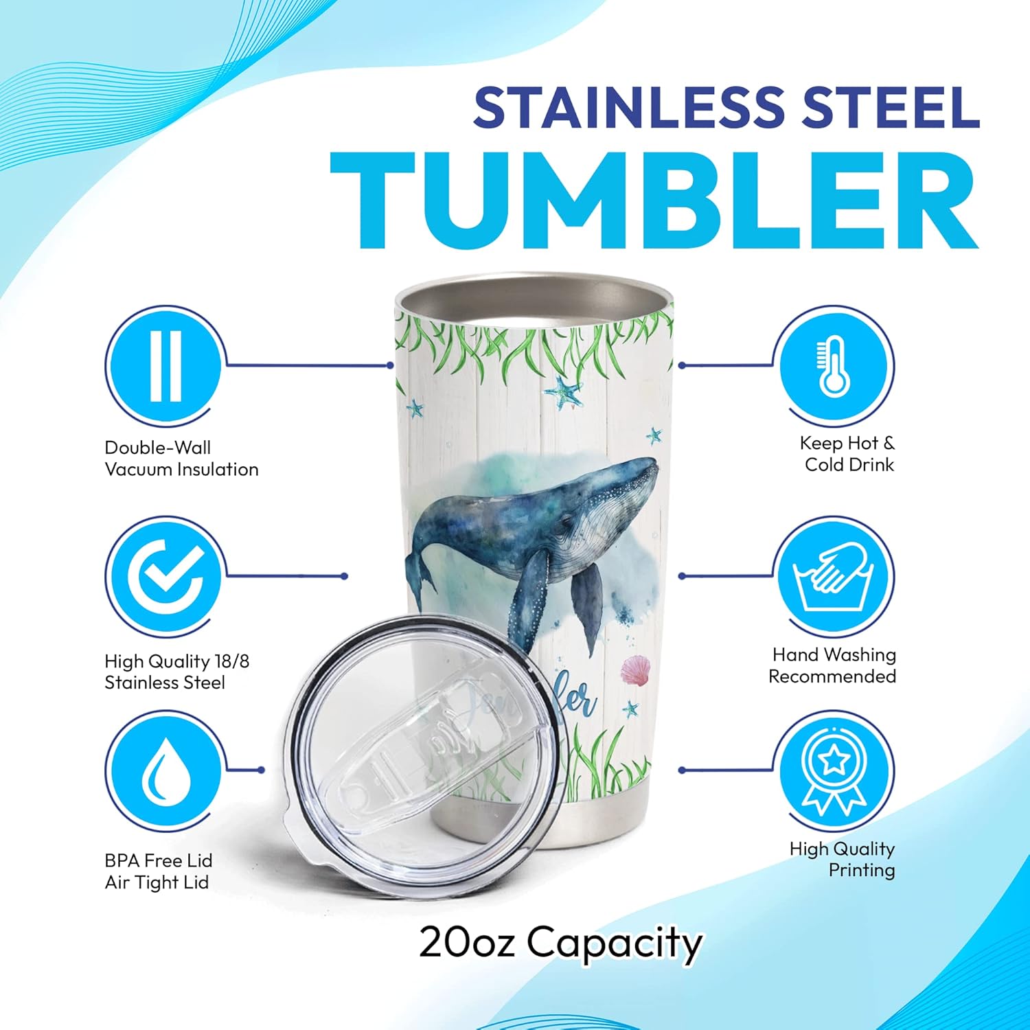 Hyturtle Custom Whales Stainless Steel Tumbler 20oz With Lid