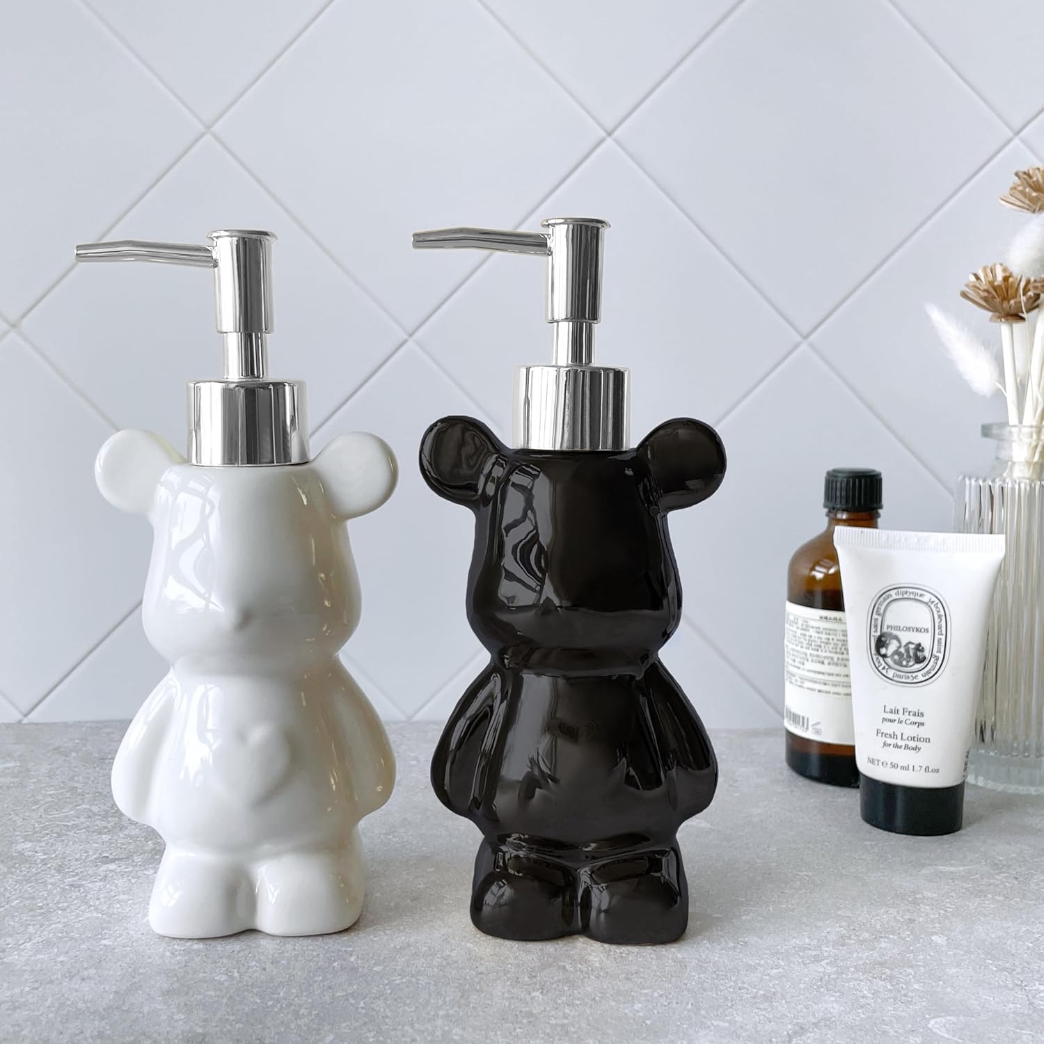 LUNESTELLA Bear Compact Dispenser Black Silver Pump Cute for Hygiene