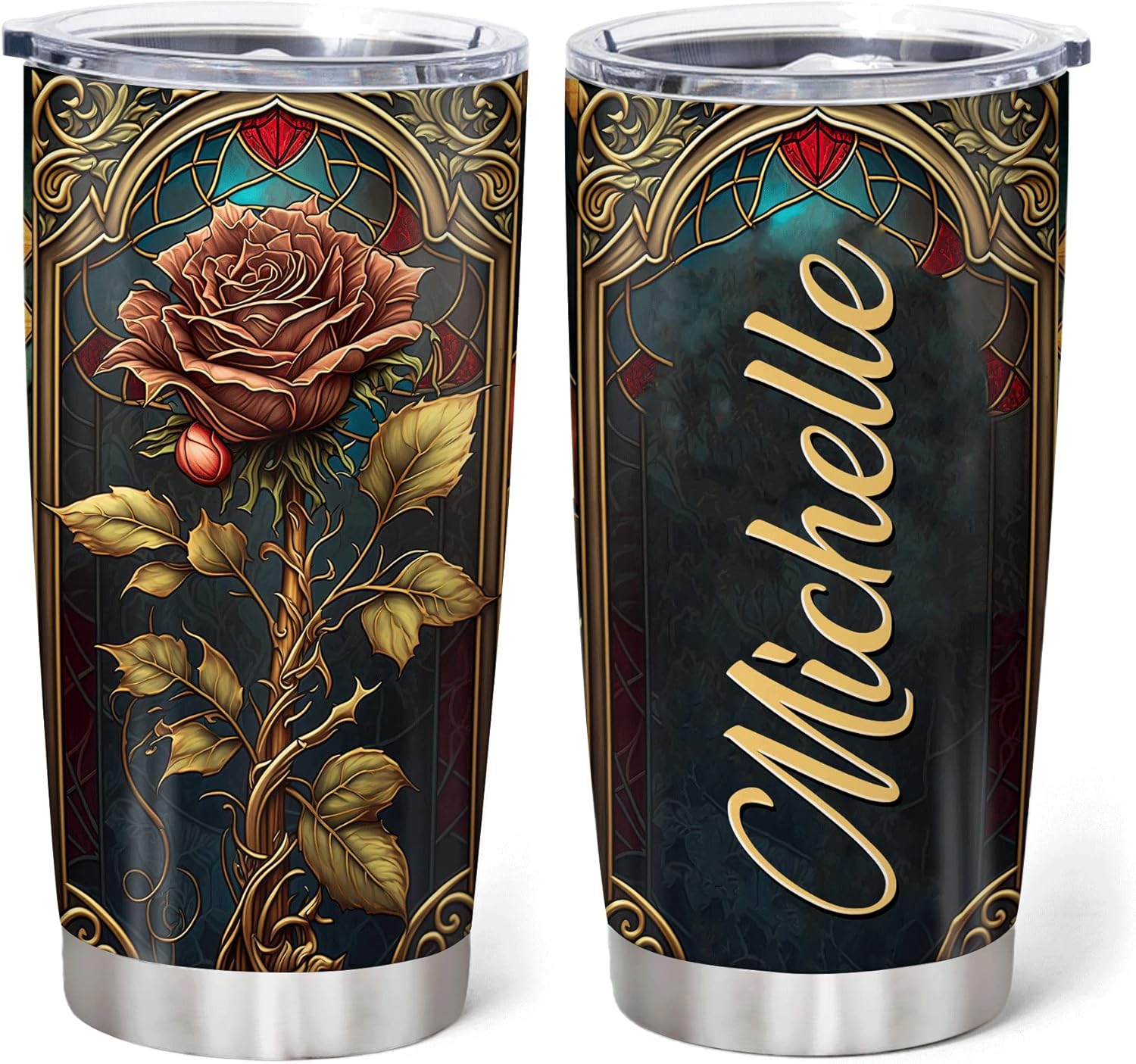Personalized Rose-Printed Stainless Steel Tumbler