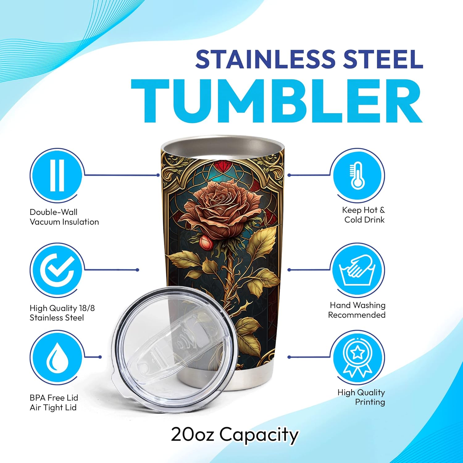 Personalized Rose-Printed Stainless Steel Tumbler
