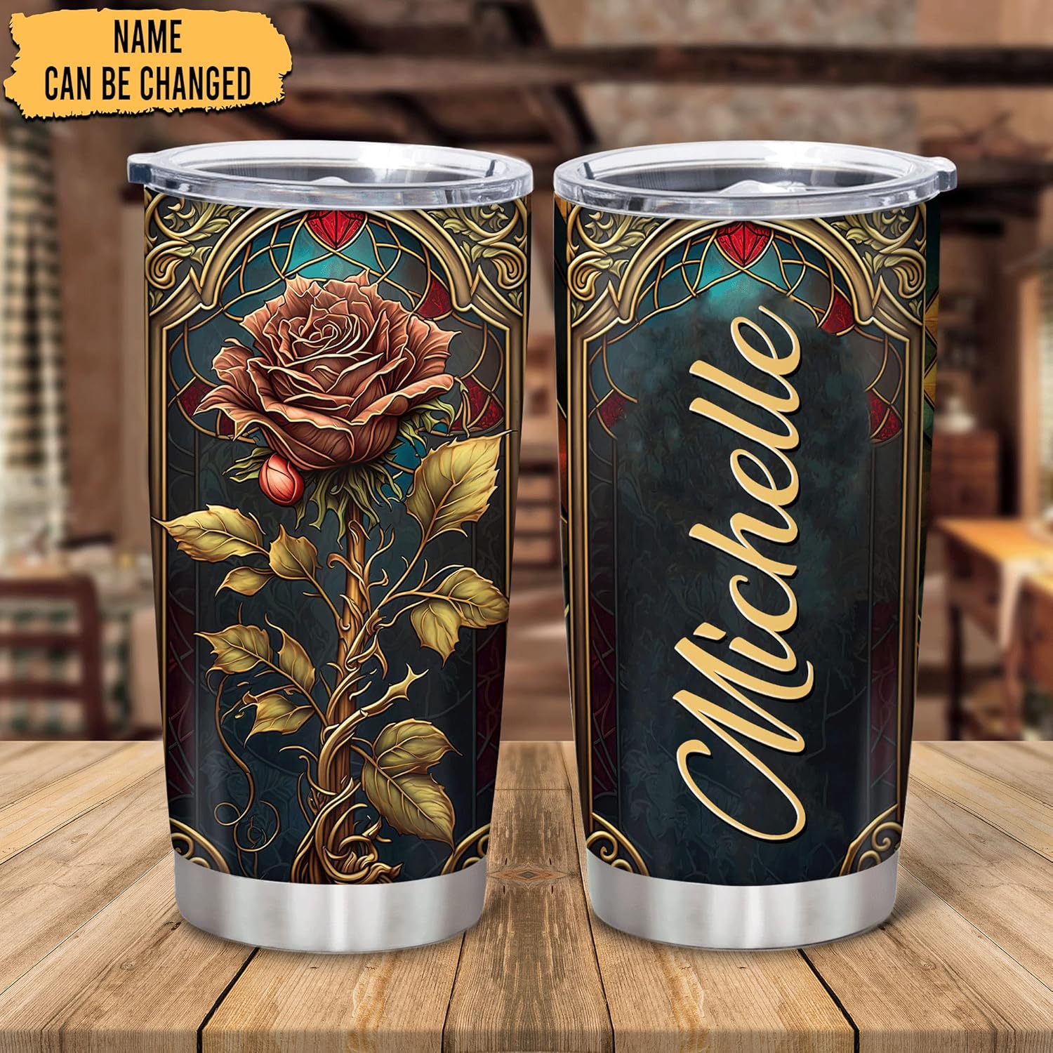 Personalized Rose-Printed Stainless Steel Tumbler