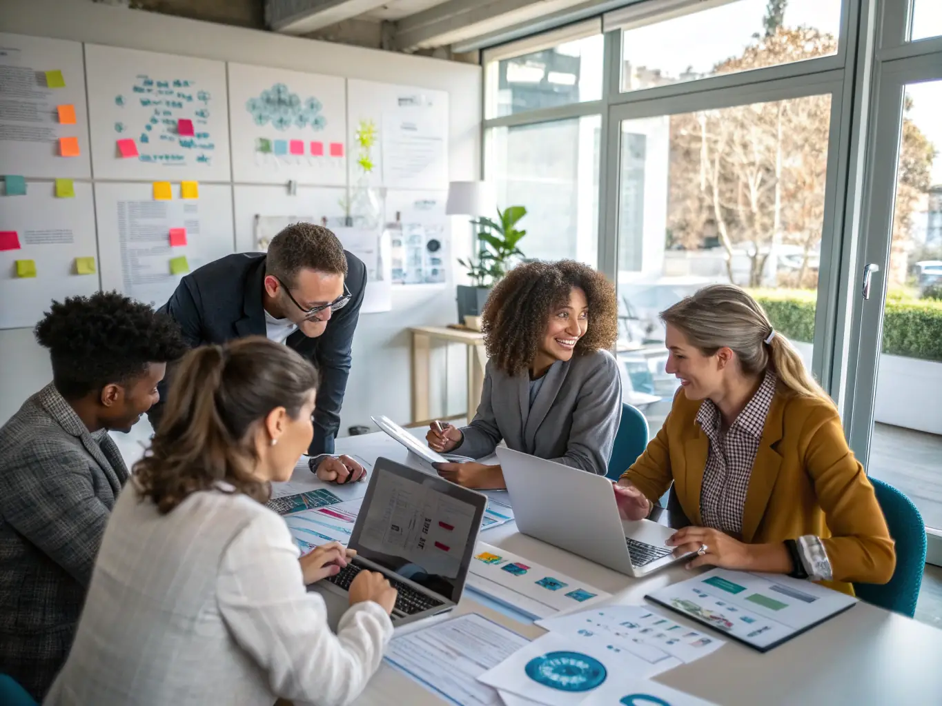 A diverse team of consultants collaborating in a modern office space, brainstorming and discussing strategy.