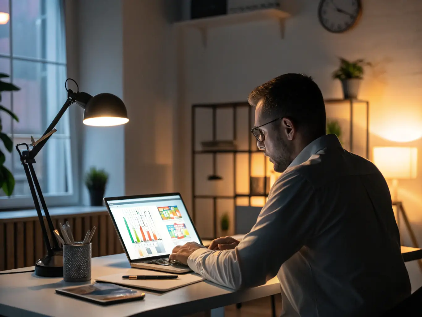 A consultant analyzing data on a laptop, with charts and graphs visible in the background, representing data-driven decision-making.